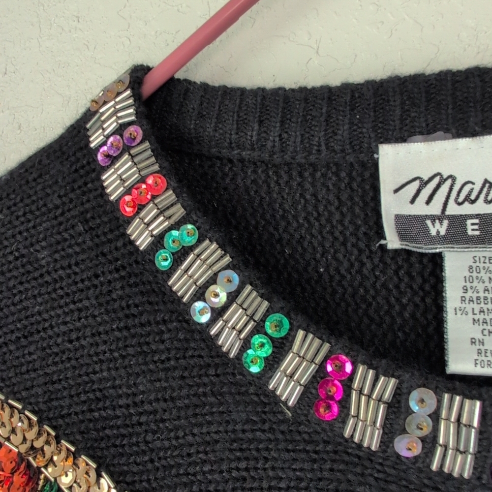 VTG Marnie West Sweater M Black Sequins Shoulder Pads Glam Indie Whimsy Granny - Picture 5 of 11